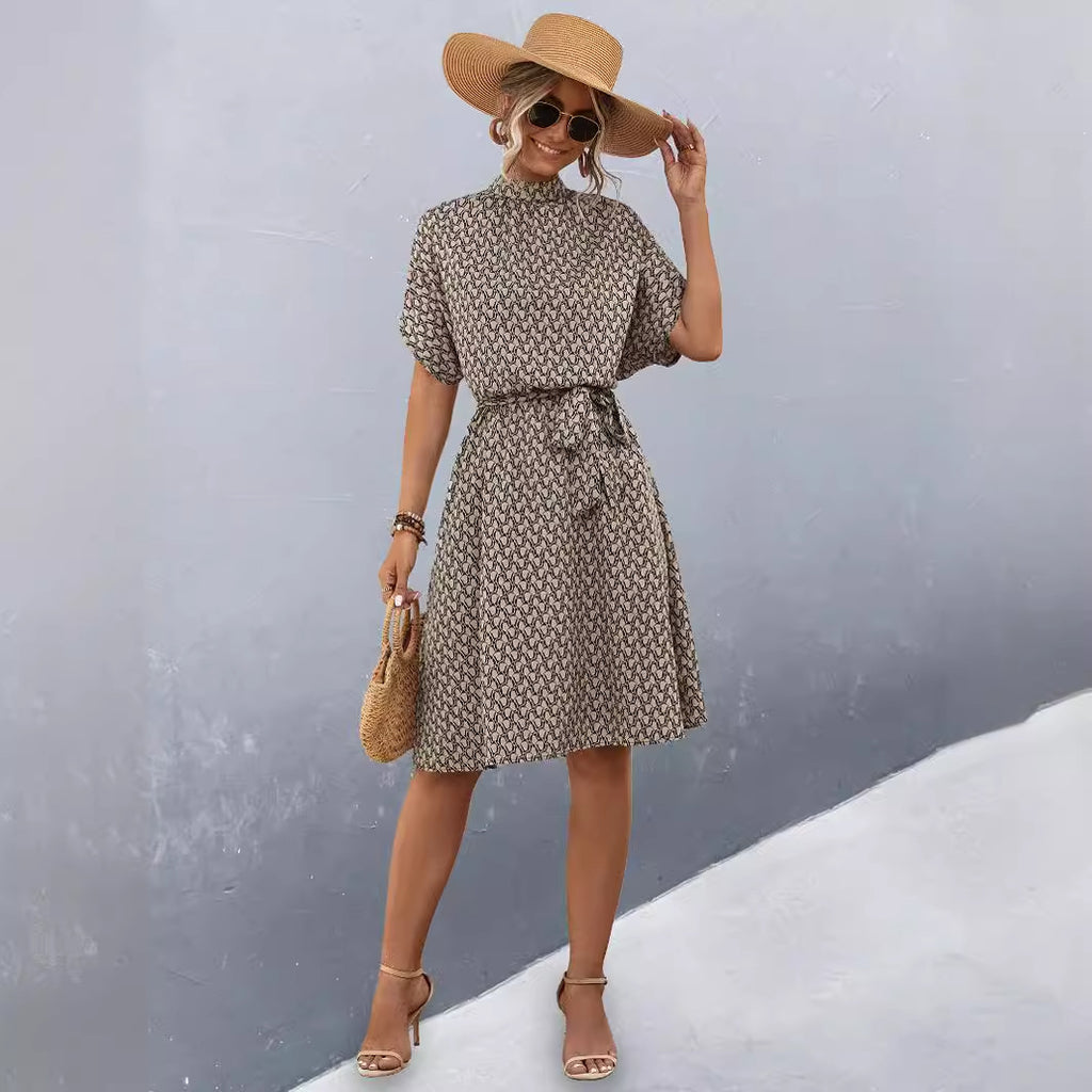 Damen Midikleid mit Gummizug und hochgeschlossenem Kragen Sovae