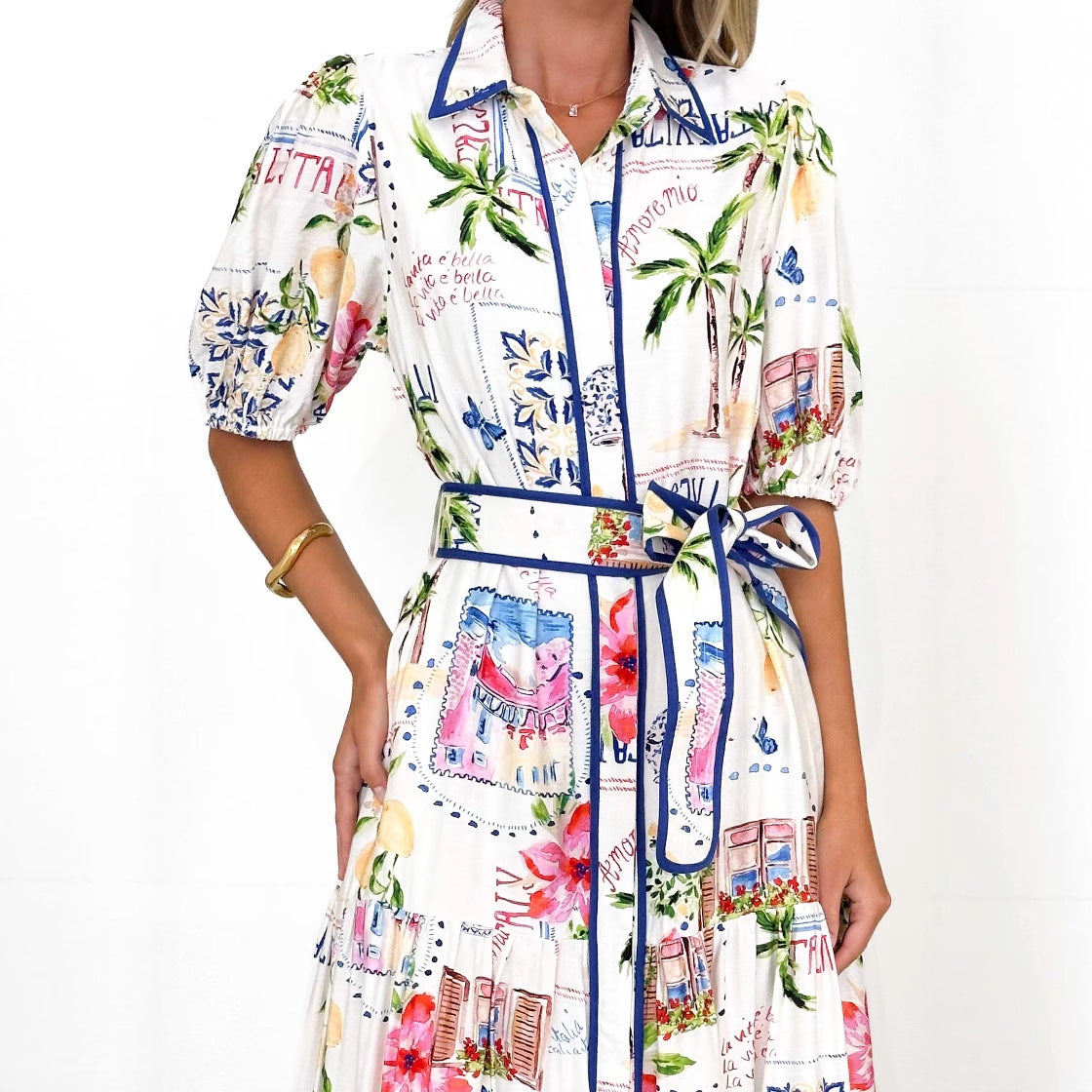 Damen Maxi-Kleid mit fröhlichem Blumen- und Postkarten-Design Sovae