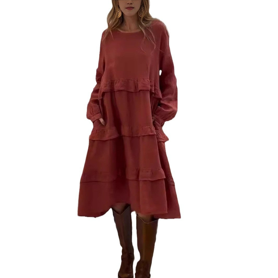 Damen luftiges Leinen-Midikleid mit Rüschendetails Sovae