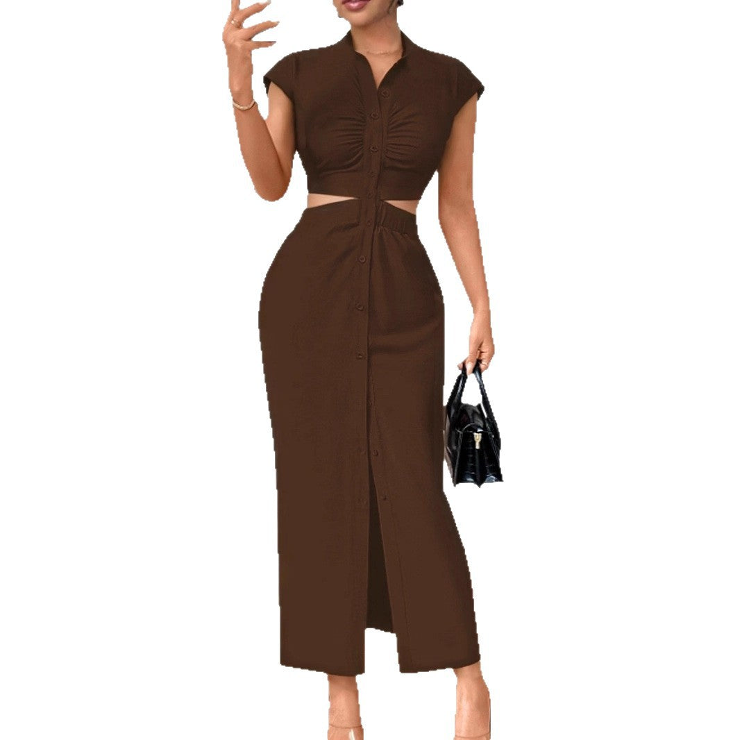 Damen Knielanges Kleid mit Knopfleiste und Taillenschnitt Sovae