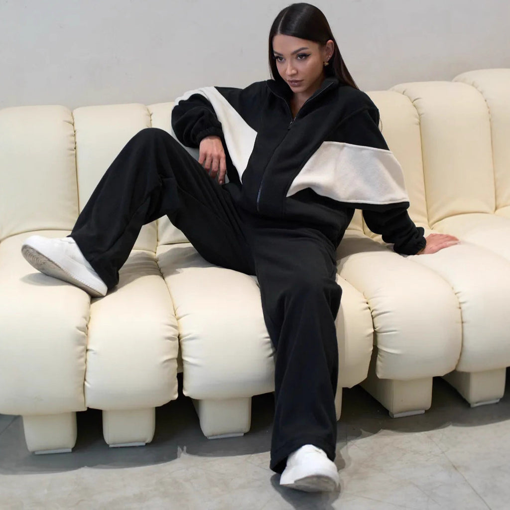 Damen sportliches Fleece-Set mit hochgeschlossenem Kragen und weiten Hosen Sovae