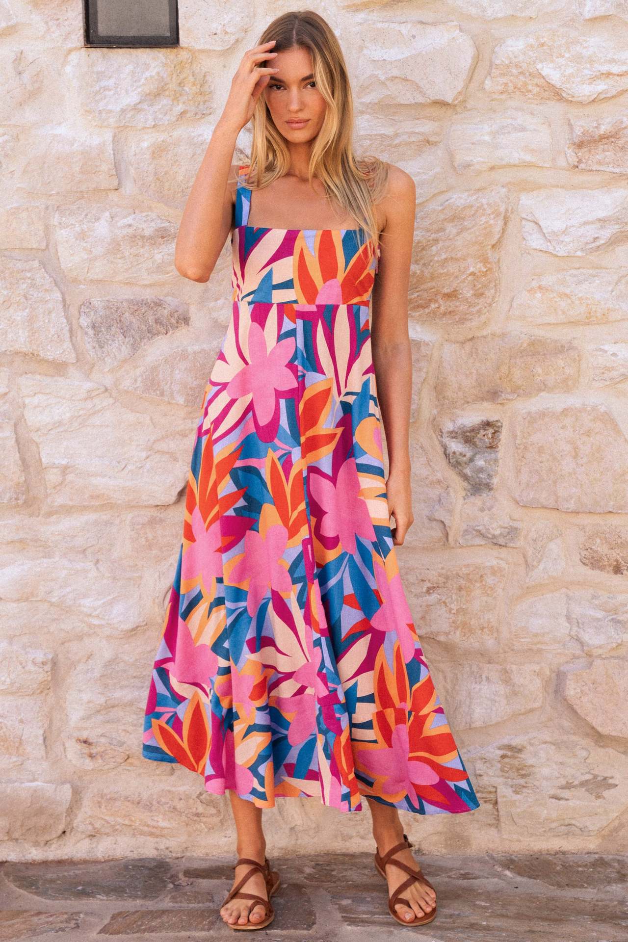 Damen Maxikleid mit buntem Blumenmuster und tailliertem Oberteil Sovae