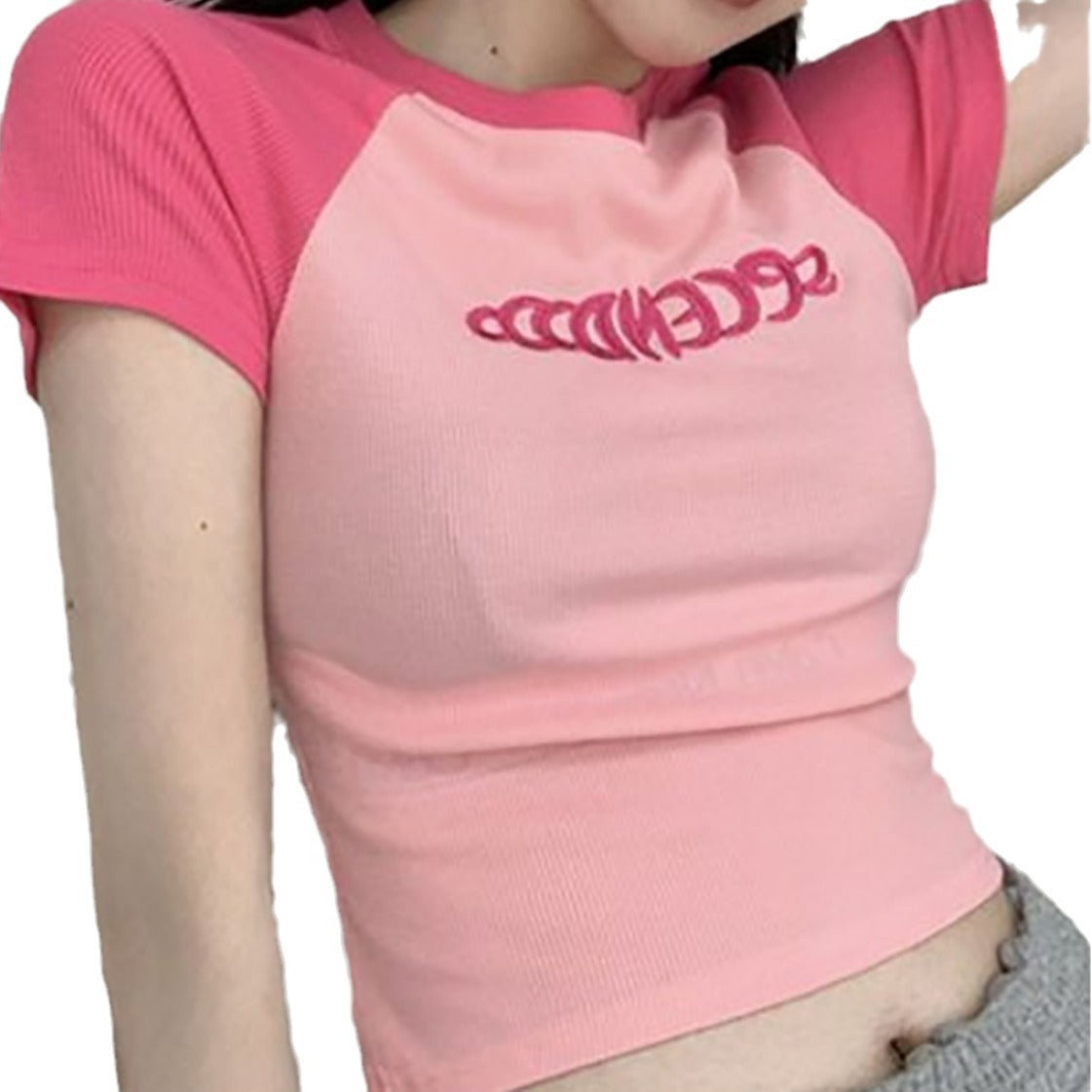 Damen Sportliches Crop-Top mit kontrastierenden Ärmeln und Schriftzug Sovae