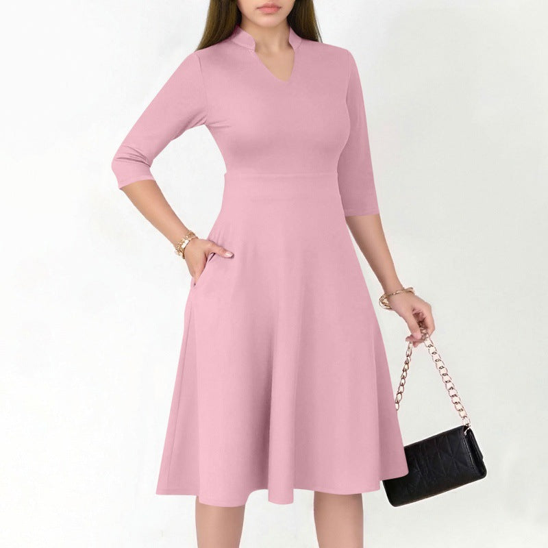Damen A-Linien Kleid mit 3/4 Ärmeln und seitlichen Taschen Sovae