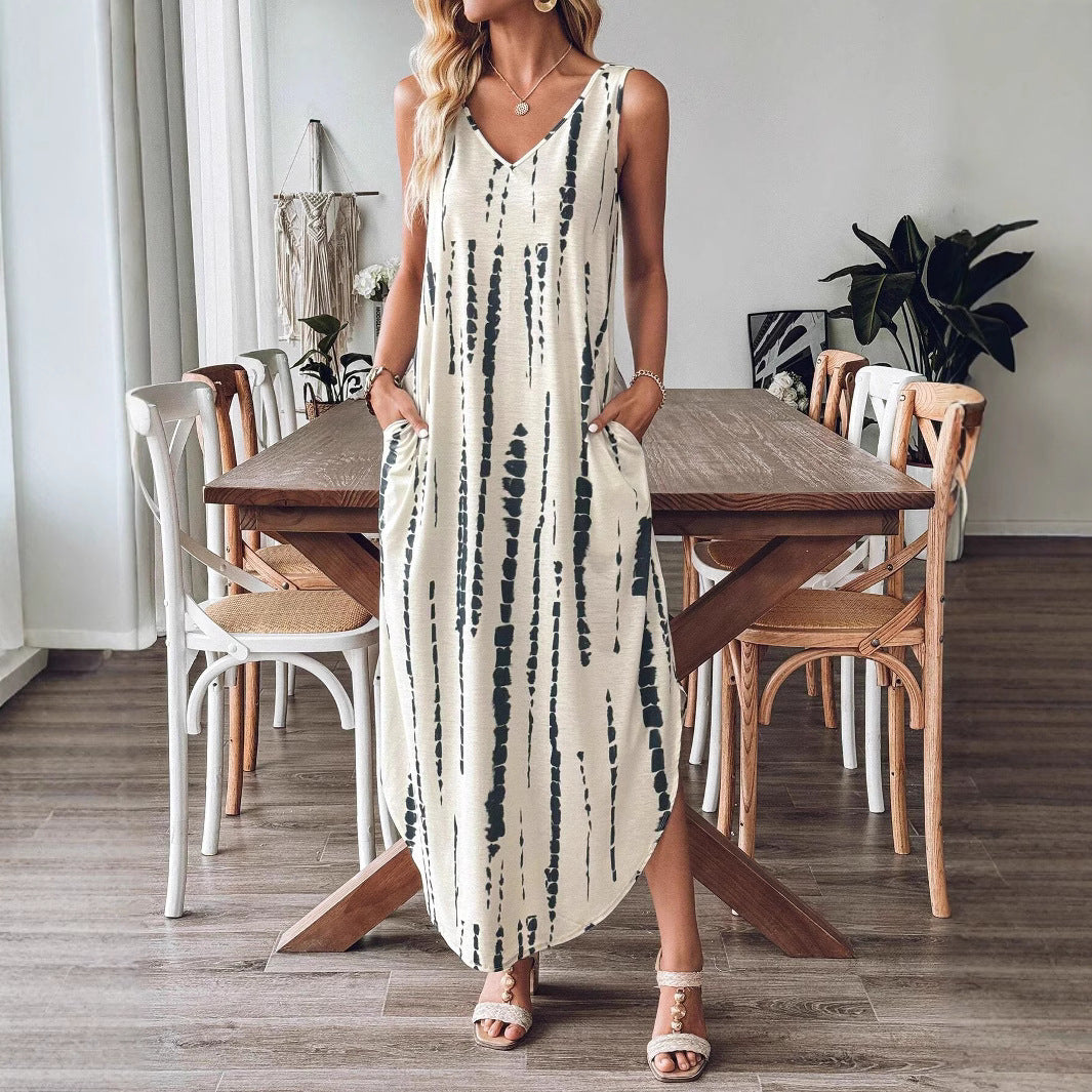 Damen Lässiges Maxikleid mit V-Ausschnitt und modernem Muster Sovae