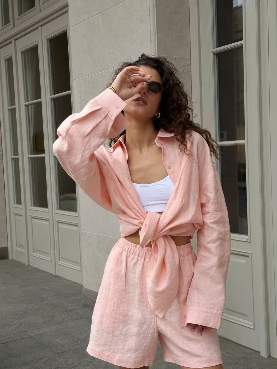 Damen lässige Leinenbluse und Shorts Set Sovae