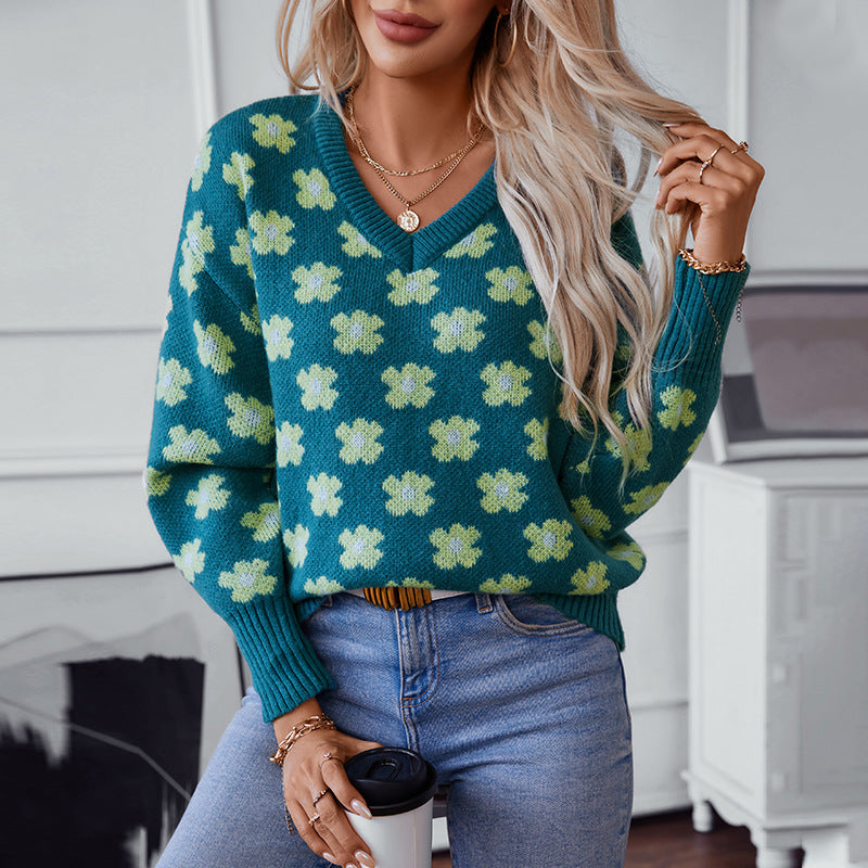 Damen Strickpullover mit floralem Muster und V-Ausschnitt Sovae