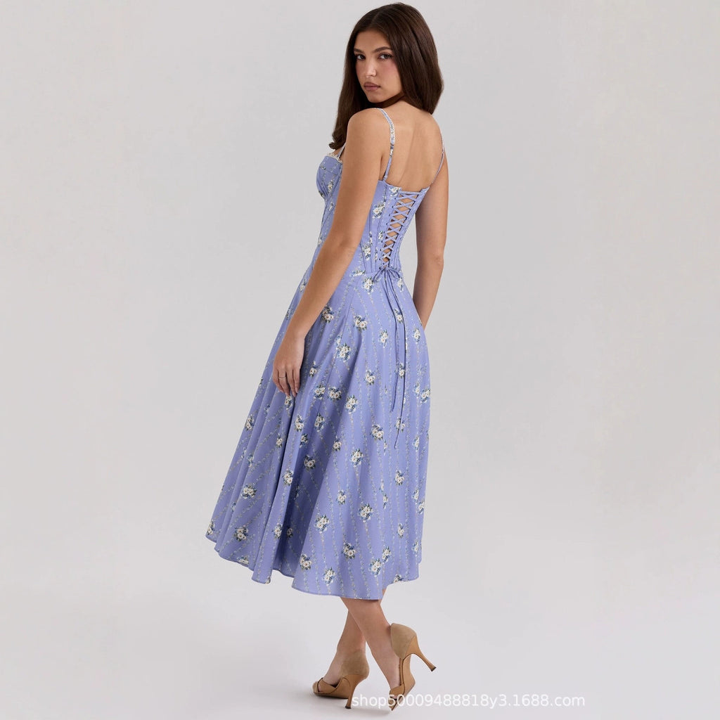 Damen Midi-Kleid mit floralem Design und feinen Spaghetti-Trägern Sovae