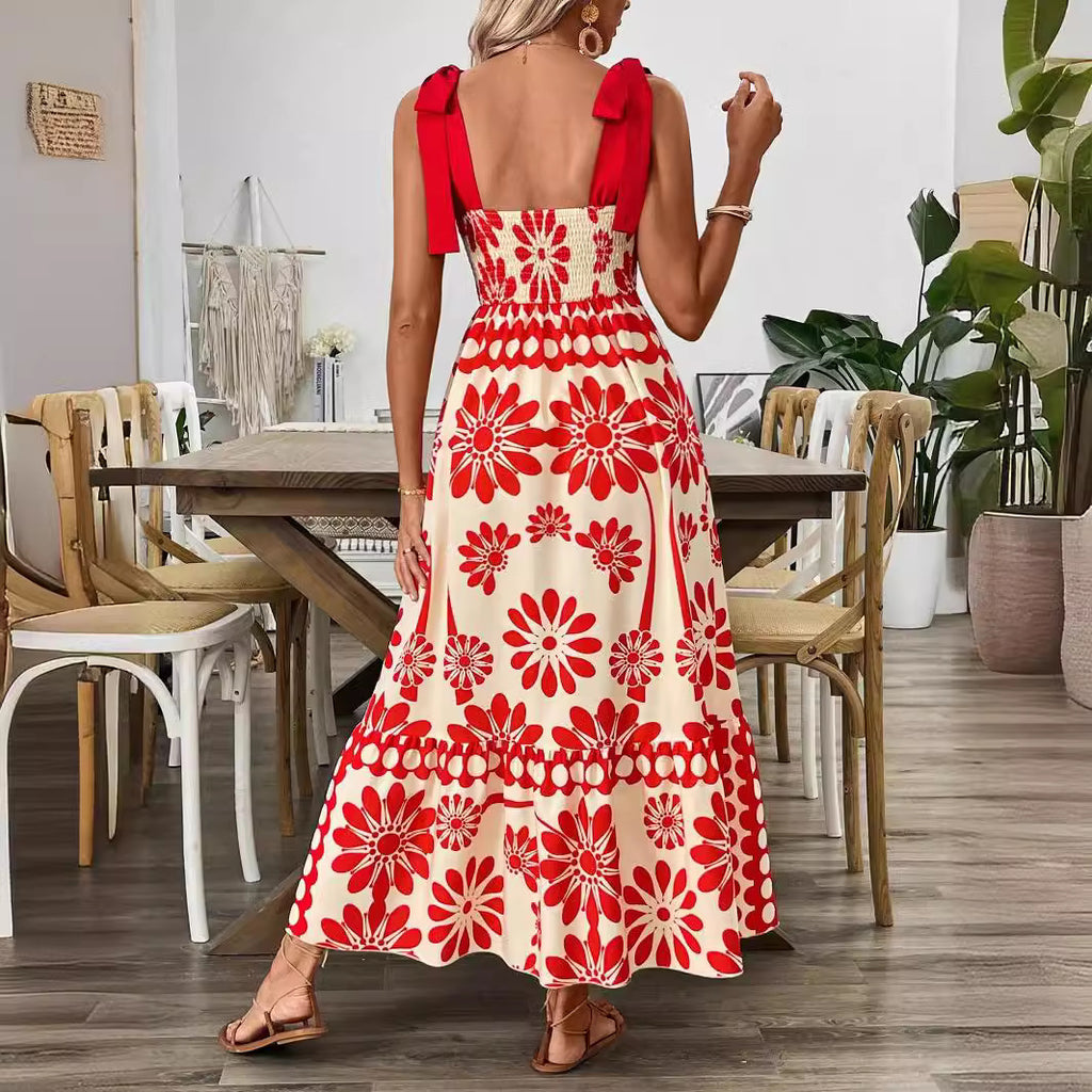 Damen Midikleid mit floralem Design und dekorativen Trägern Sovae