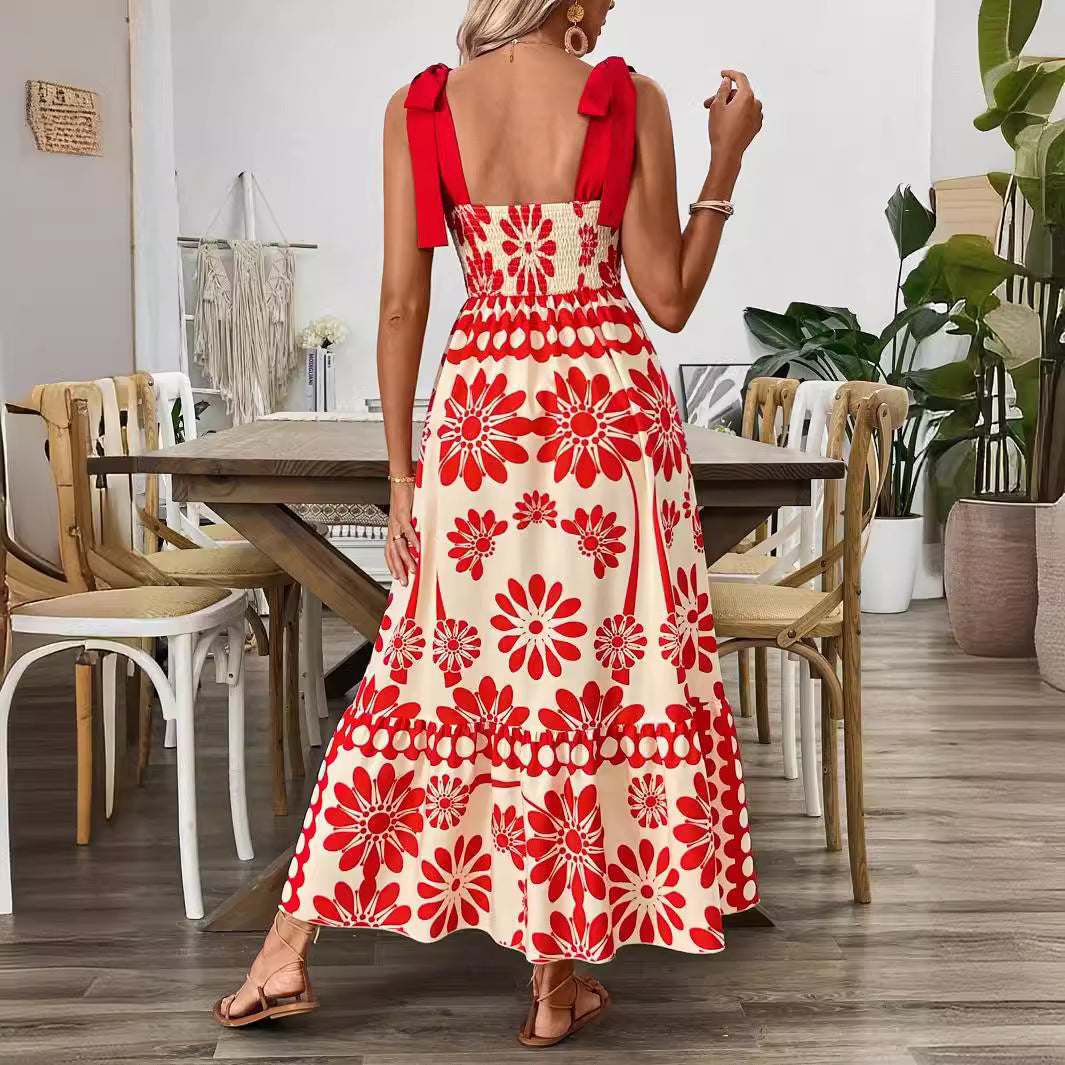 Damen Midikleid mit floralem Design und dekorativen Trägern Sovae