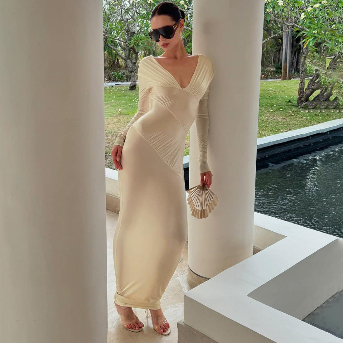 Damen Elegantes Langarm-Maxi-Kleid mit raffinierten Drapierungen Sovae