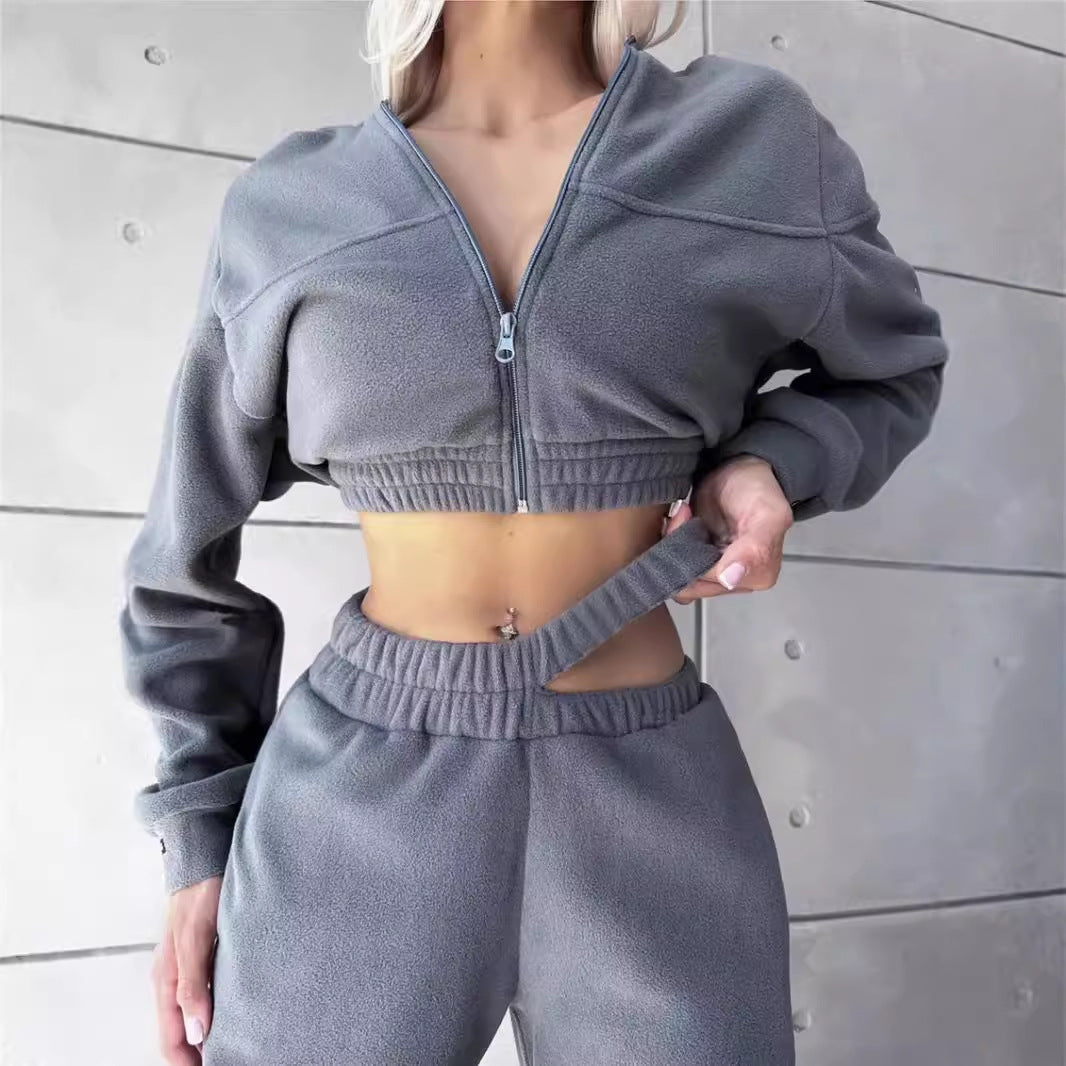 Damen Fleece-Cropped-Set mit weitem Bund Sovae