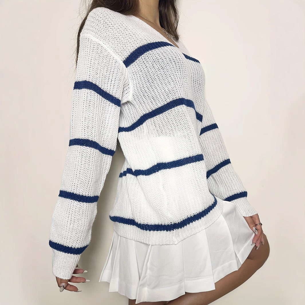 Damen lässiger Strickpullover mit Streifen Sovae