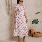 Damen Midi-Kleid mit floralem Muster und eleganter Schleife Sovae