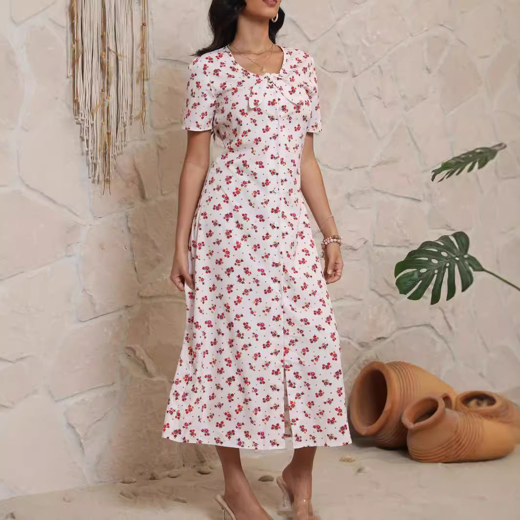 Damen Midi-Kleid mit floralem Muster und eleganter Schleife Sovae