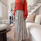 Damen gestreifter Midi-Rock mit elastischem Bund und Bändern Sovae