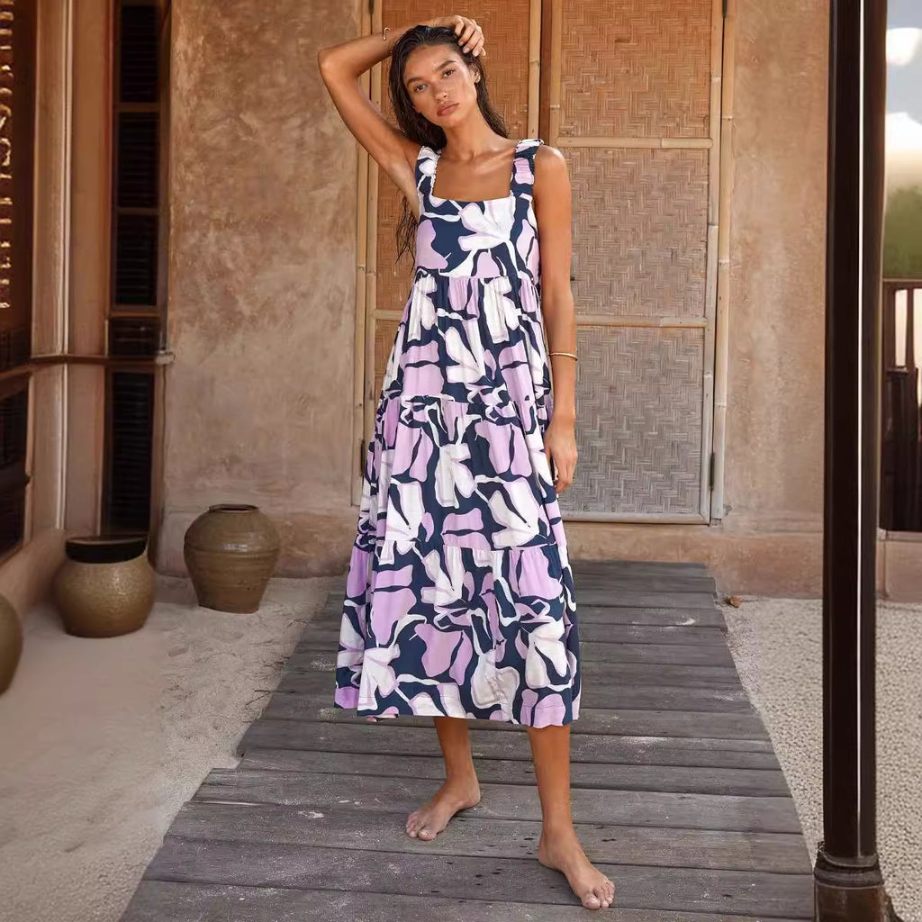 Damen Maxikleid mit breiten Trägern und mehrlagigem Volant Sovae