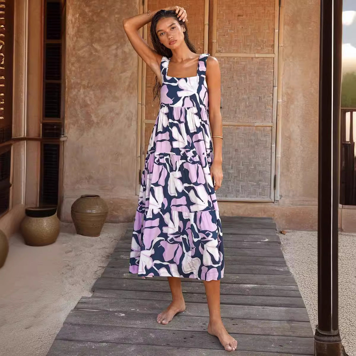 Damen Maxikleid mit breiten Trägern und mehrlagigem Volant Sovae