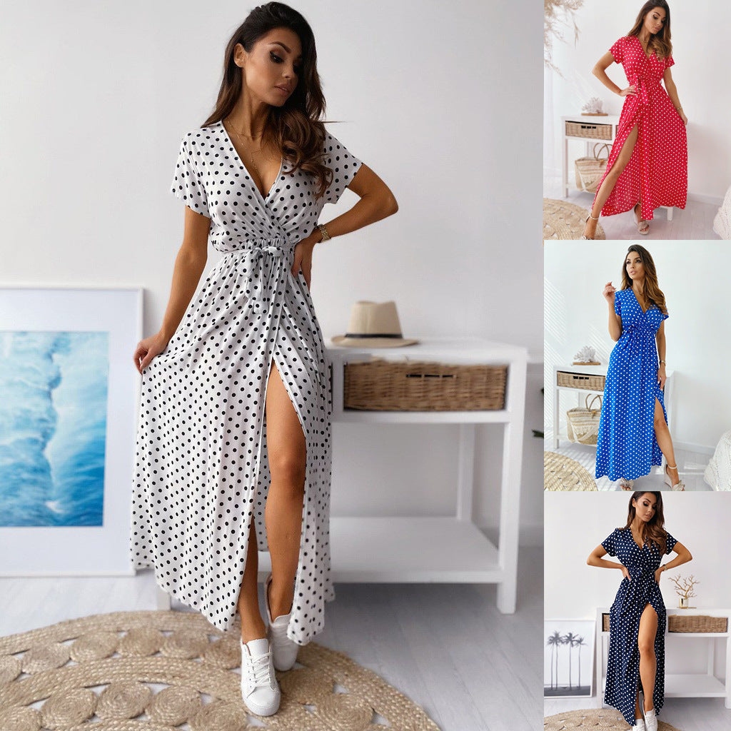 Damen Polka-Dot Maxikleid mit seitlichem Schlitz und gebundenem Bund Sovae