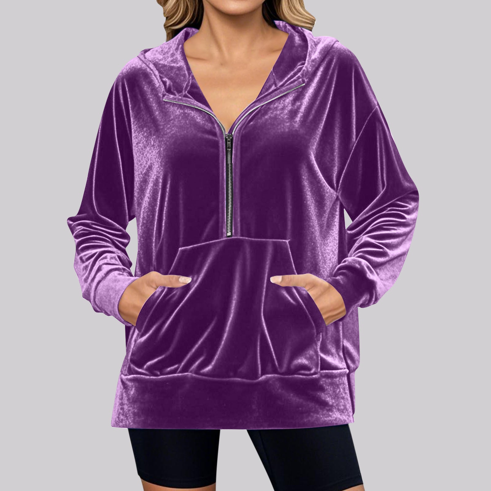 Damen Lässiger Velvet Hoodie mit praktischem Reißverschluss und Kängurutasche Sovae