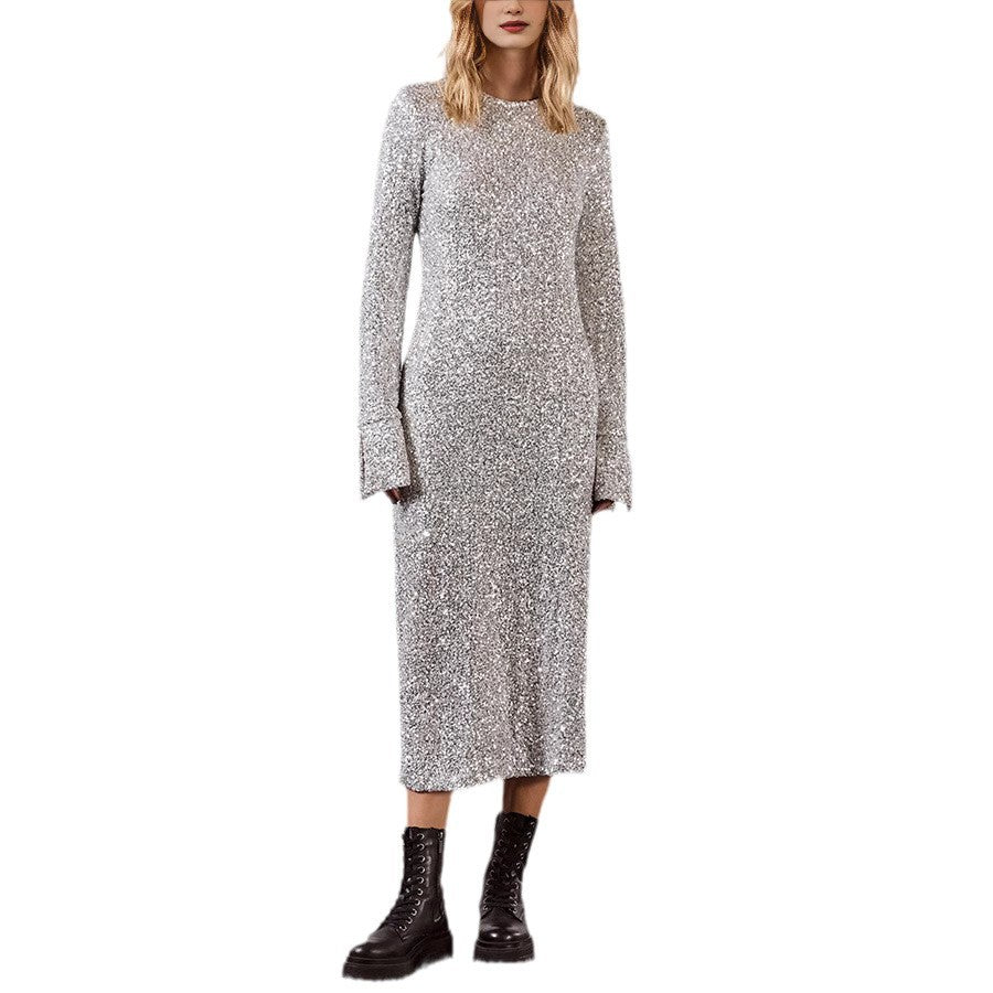 Damen Funkelndes Maxikleid mit langen Ärmeln und glitzerndem Obermaterial Sovae