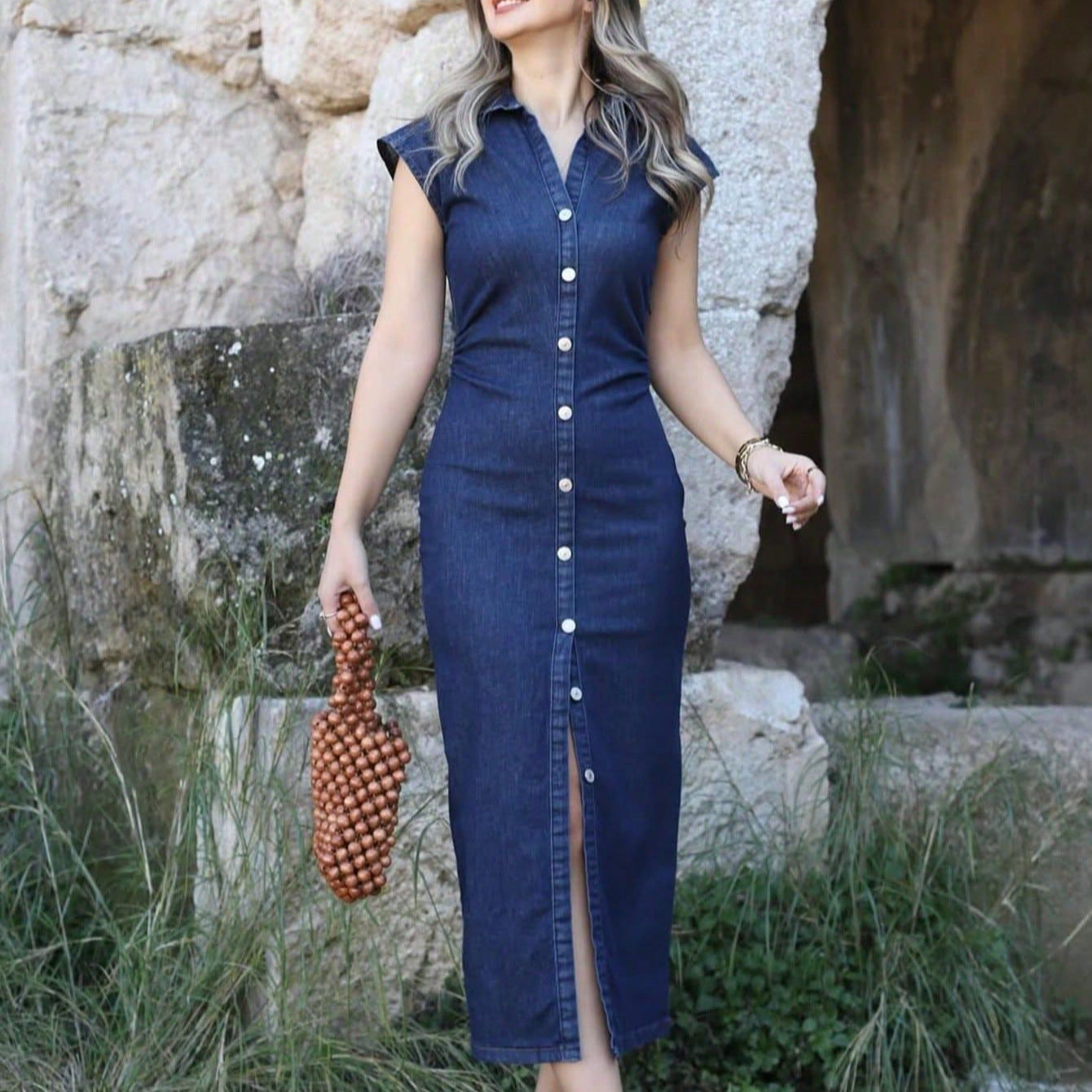 Damen lässiges Midi-Kleid mit Knopfverschluss und Raffung Sovae