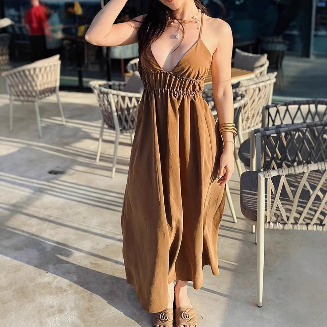 Damen luftiges Maxikleid mit schmalem V-Ausschnitt und verstellbaren Spaghettiträgern Sovae