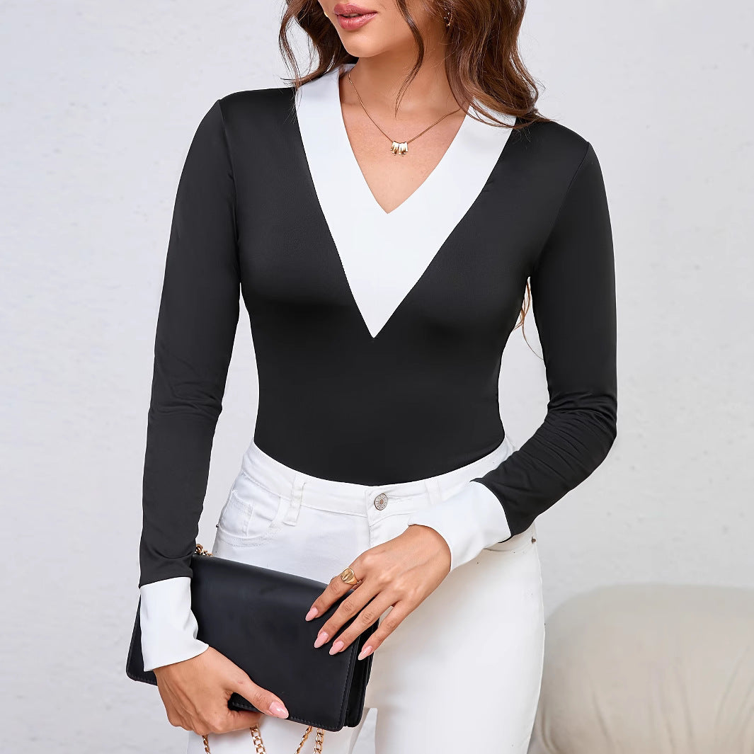 Damen Langarmbody mit V-Ausschnitt und kontrastierenden Ärmel Sovae