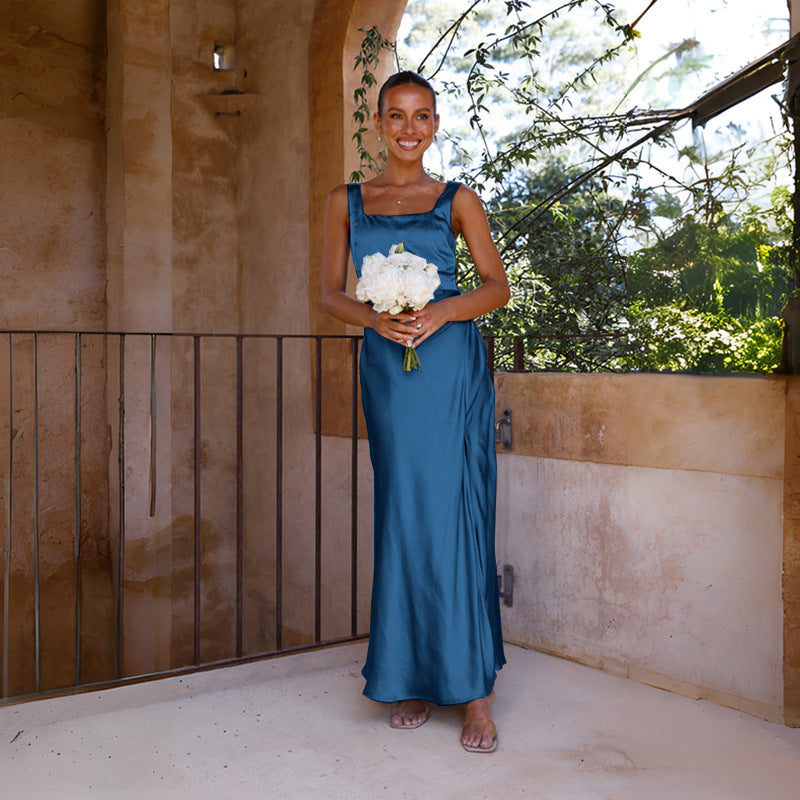 Damen elegantes Maxikleid mit seitlichem Schlitz und schmalen Trägern Sovae