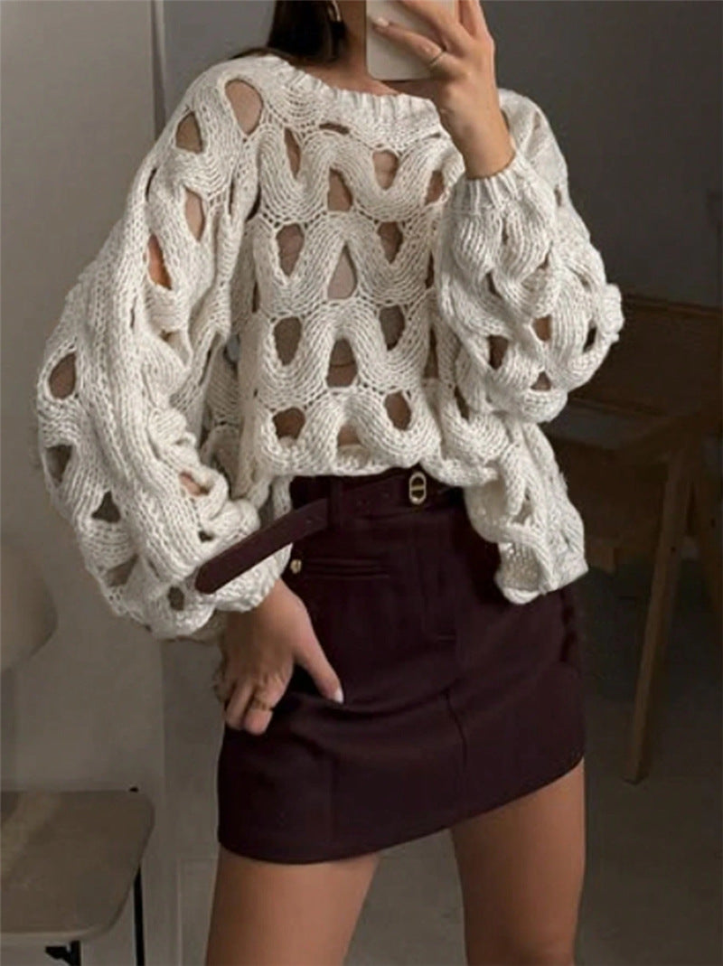 Damen lässiger Strickpullover im modernen Lochmuster Sovae