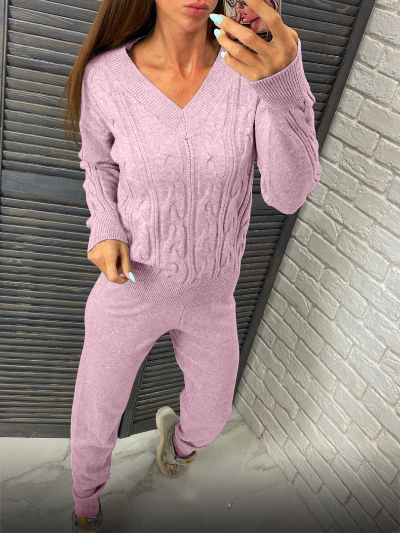 Damen gemütlicher Strickanzug mit V-Ausschnitt und Zopfdesign Sovae