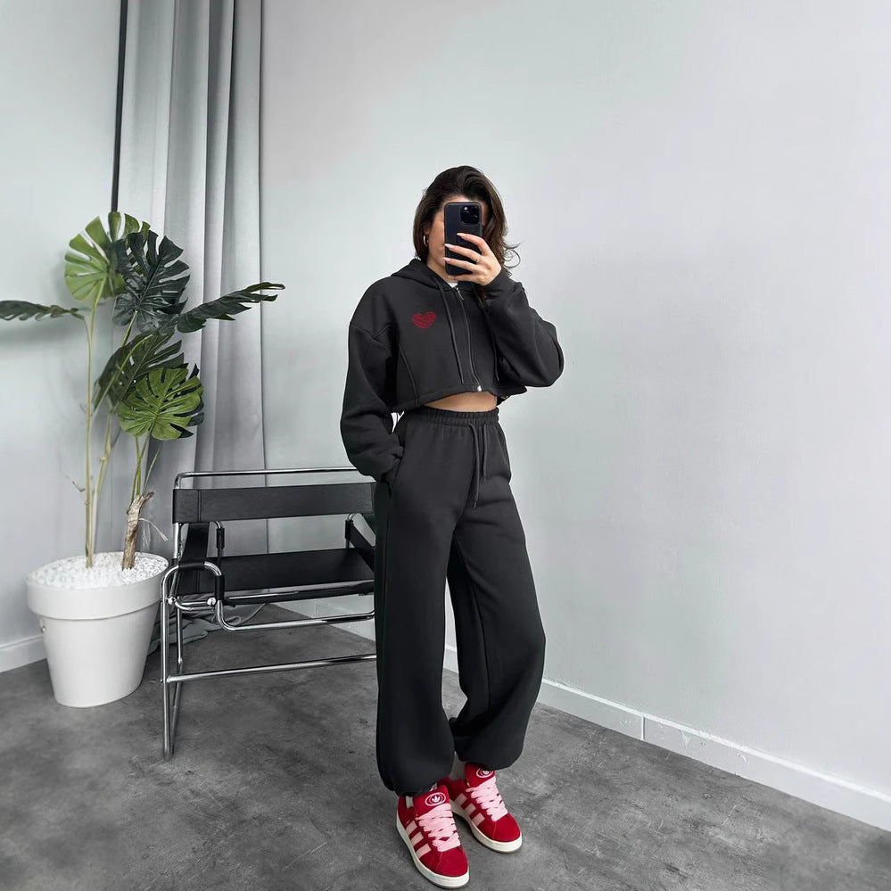 Damen Sportliches Crop-Set mit Kapuze und elastischer Taille Sovae