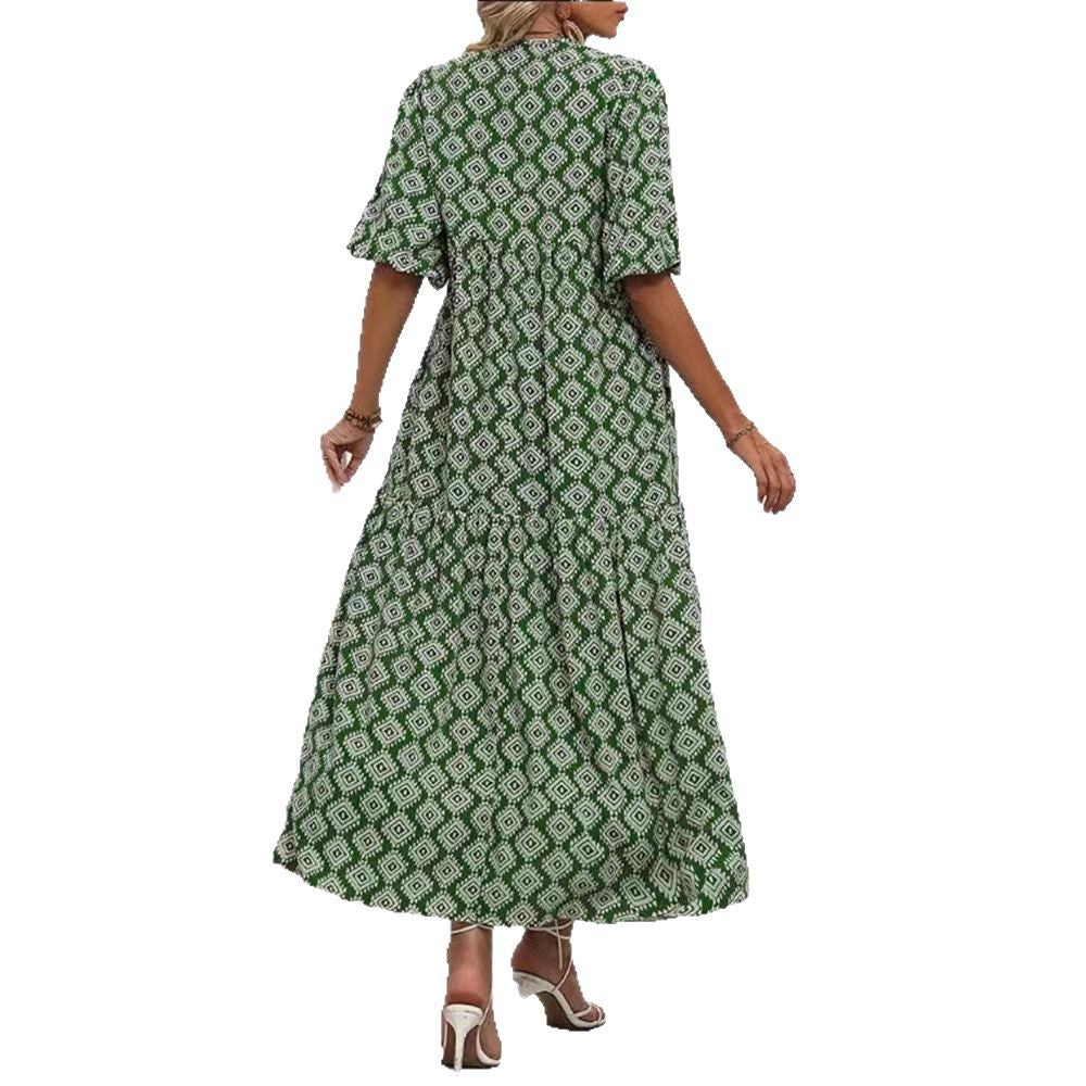 Damen Maxikleid mit modernem grafischen Design und voluminösen Ärmeln Sovae