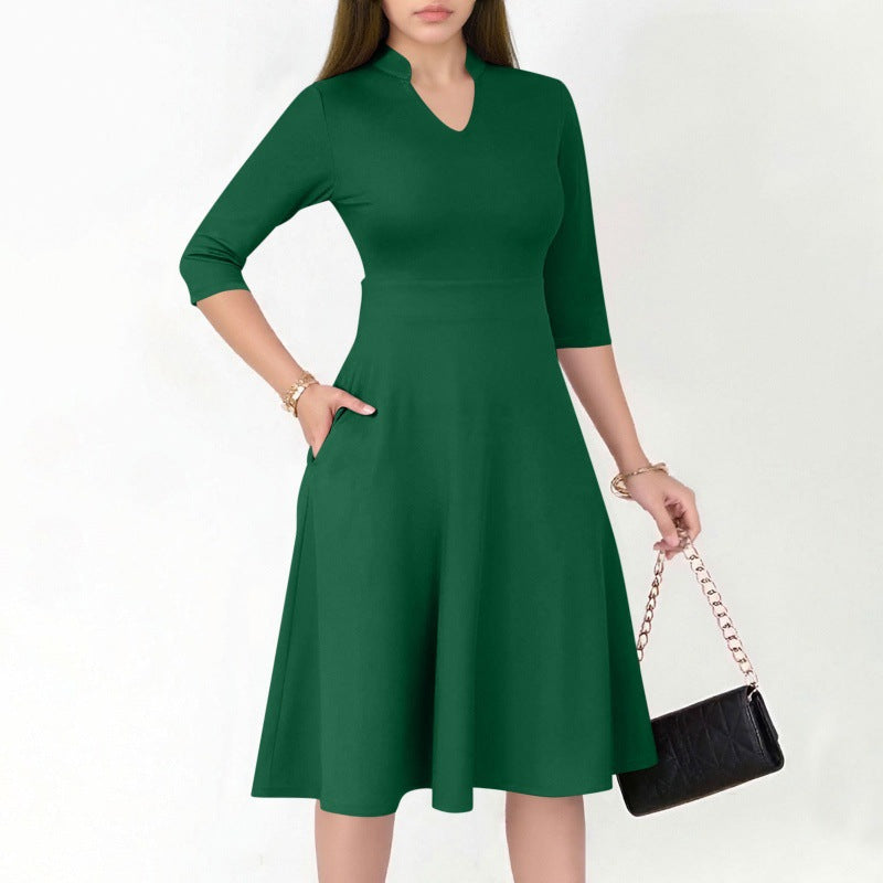 Damen A-Linien Kleid mit 3/4 Ärmeln und seitlichen Taschen Sovae