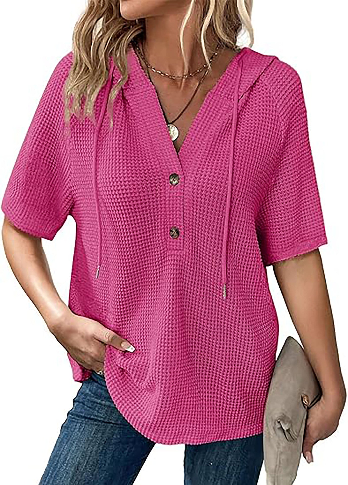 Damen lässiges Waffle-Hoodie mit Knopfleiste Sovae