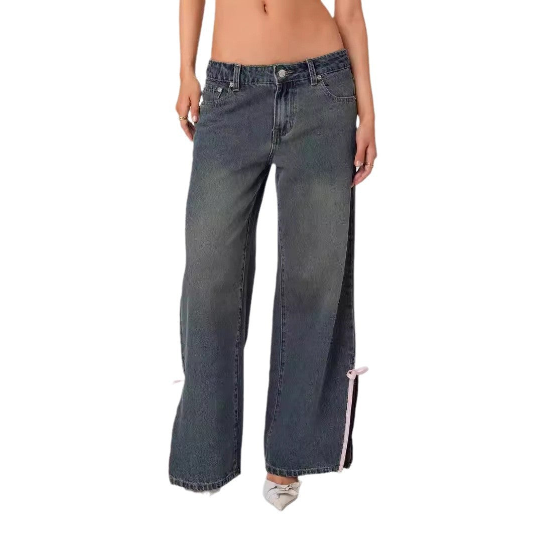 Damen Weit geschnittene Denim-Hose mit modischen Schnürdetails Sovae