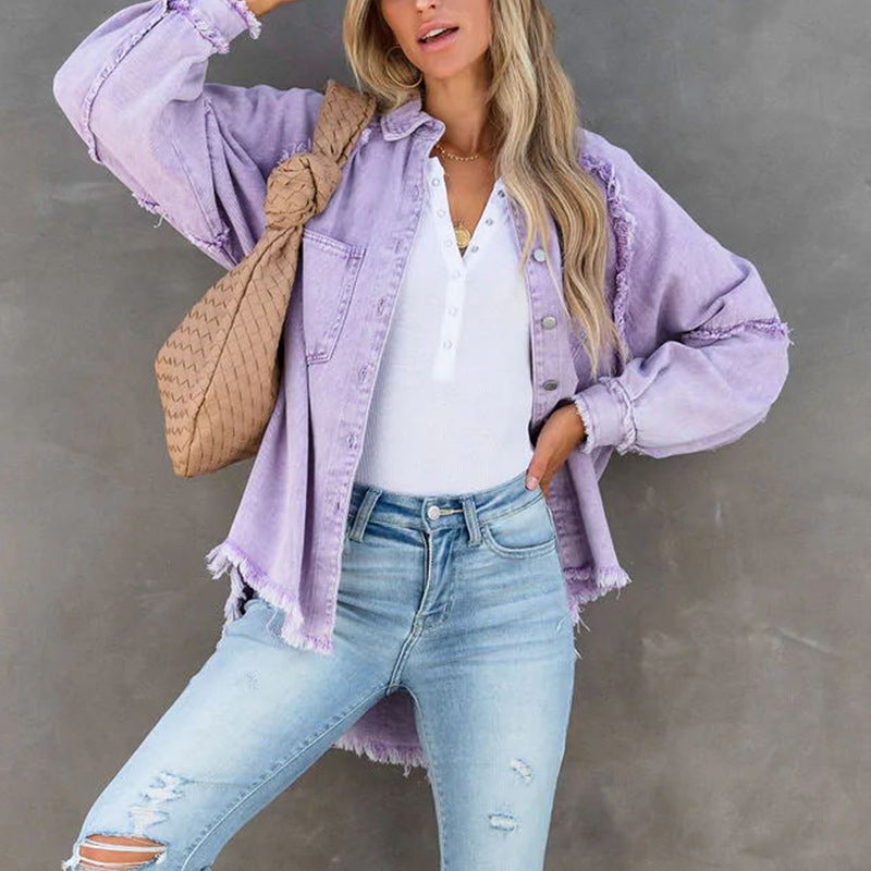 Damen übergroße Denim-Hemdenjacke mit fransigen Details Sovae