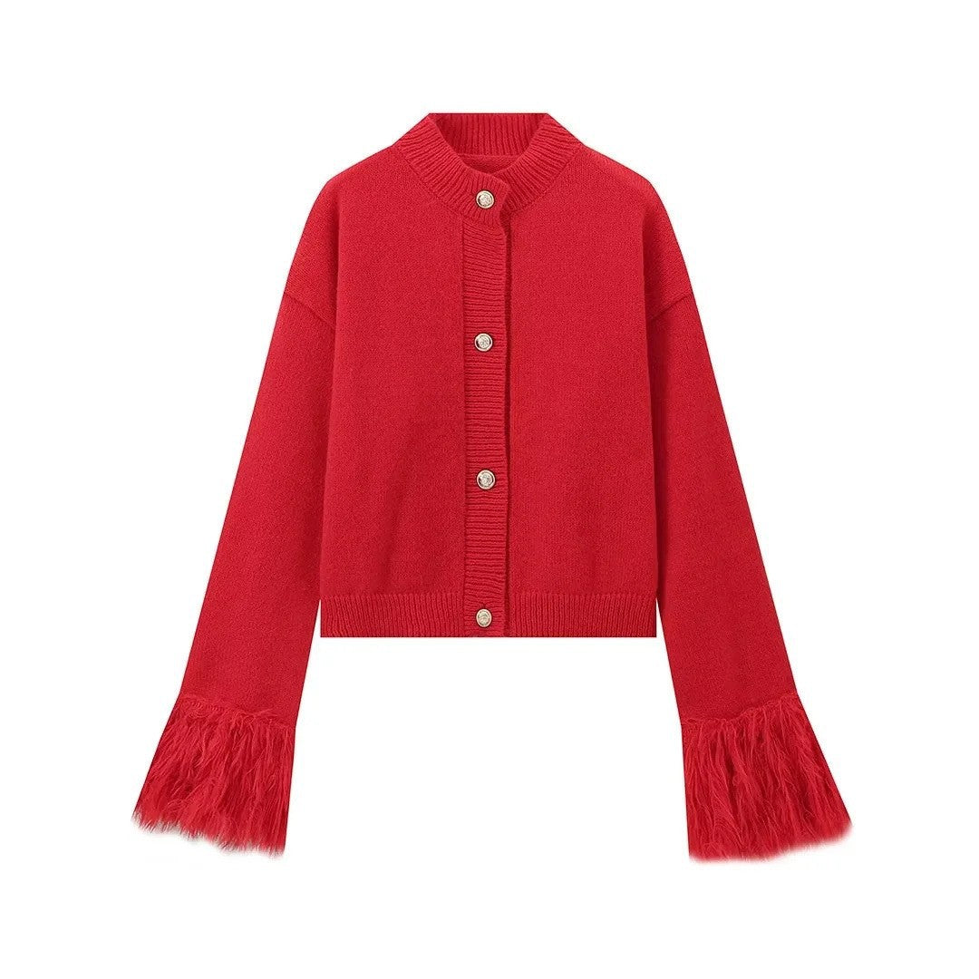 Damen Strickjacke mit fransigen Ärmeln und Knopfdetail Sovae