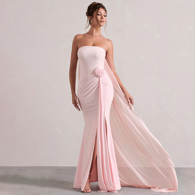Damen elegantes langes Kleid mit transparenten Ärmeln Sovae