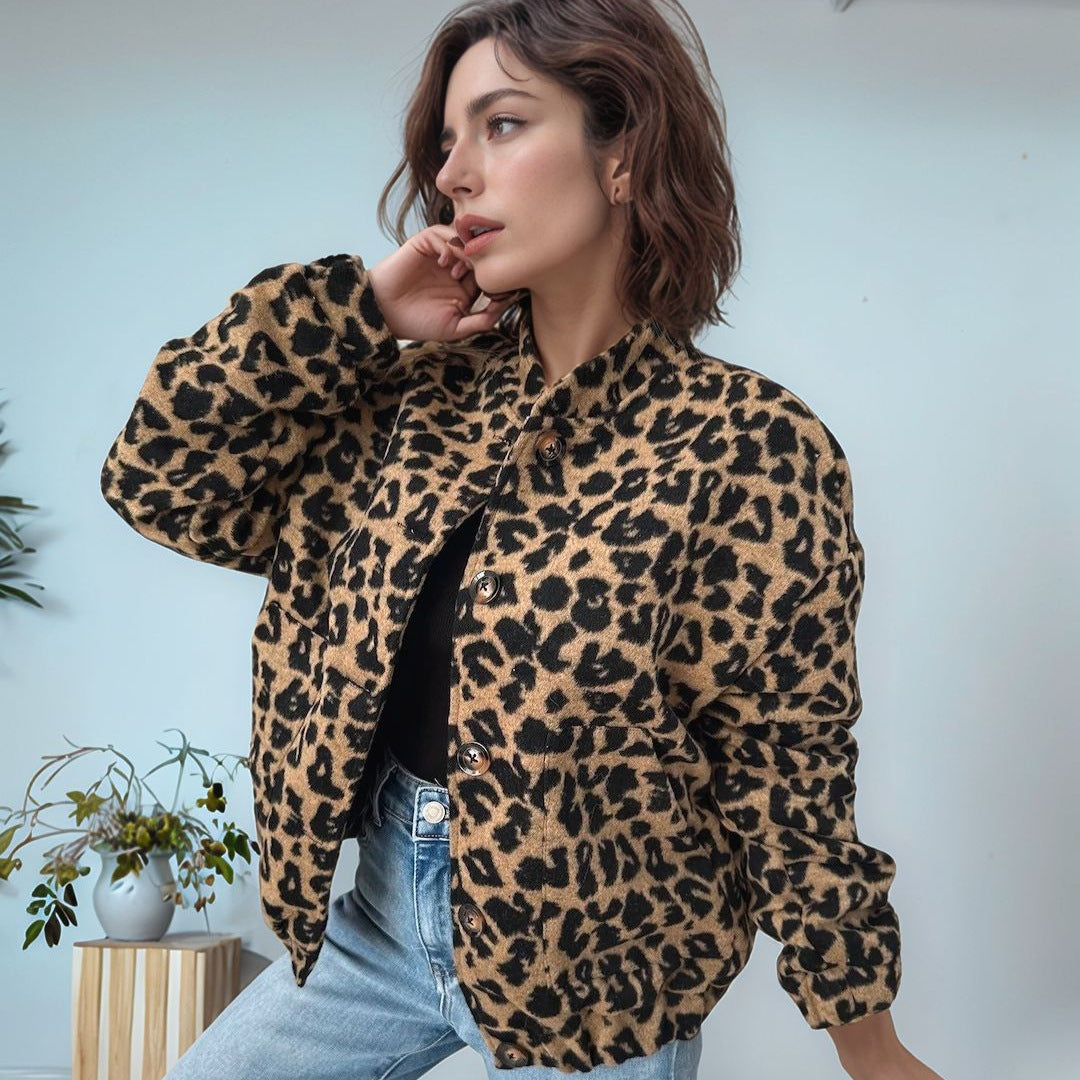 Damen trendige Fleecejacke mit Leopardenmuster Sovae