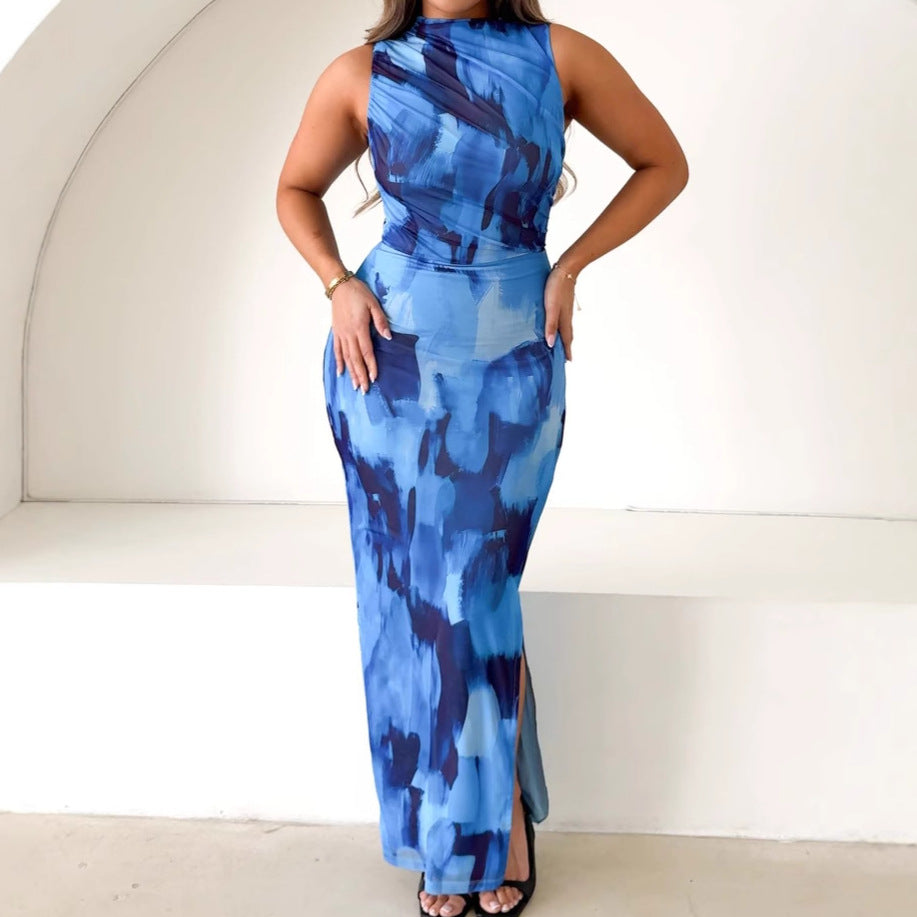 Damen elegantes Maxikleid mit asymmetrischem Schnitt und seitlichem Hochschlitz Sovae