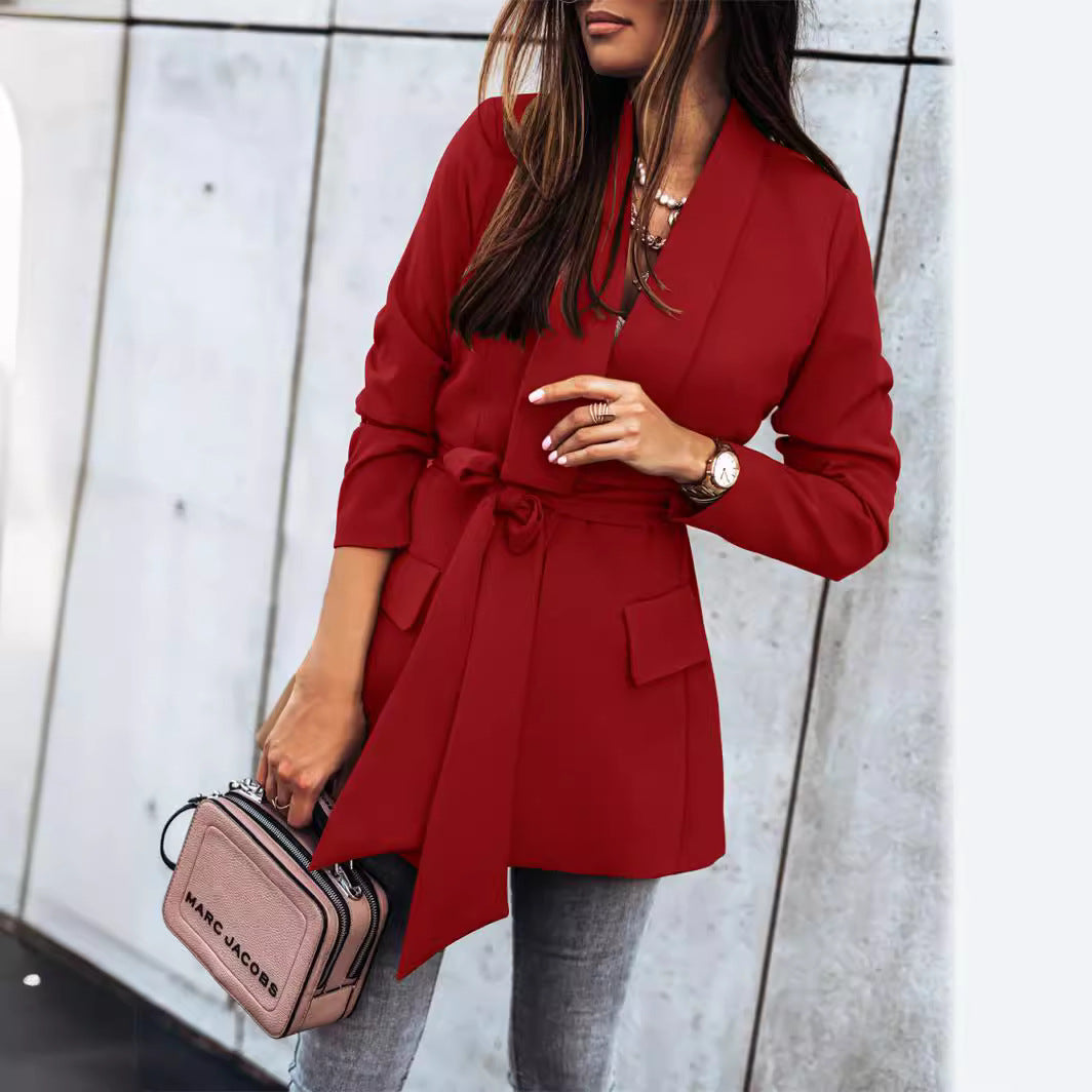 Damen Modische Blazerjacke mit praktischem Gürtel und tiefen Taschen Sovae