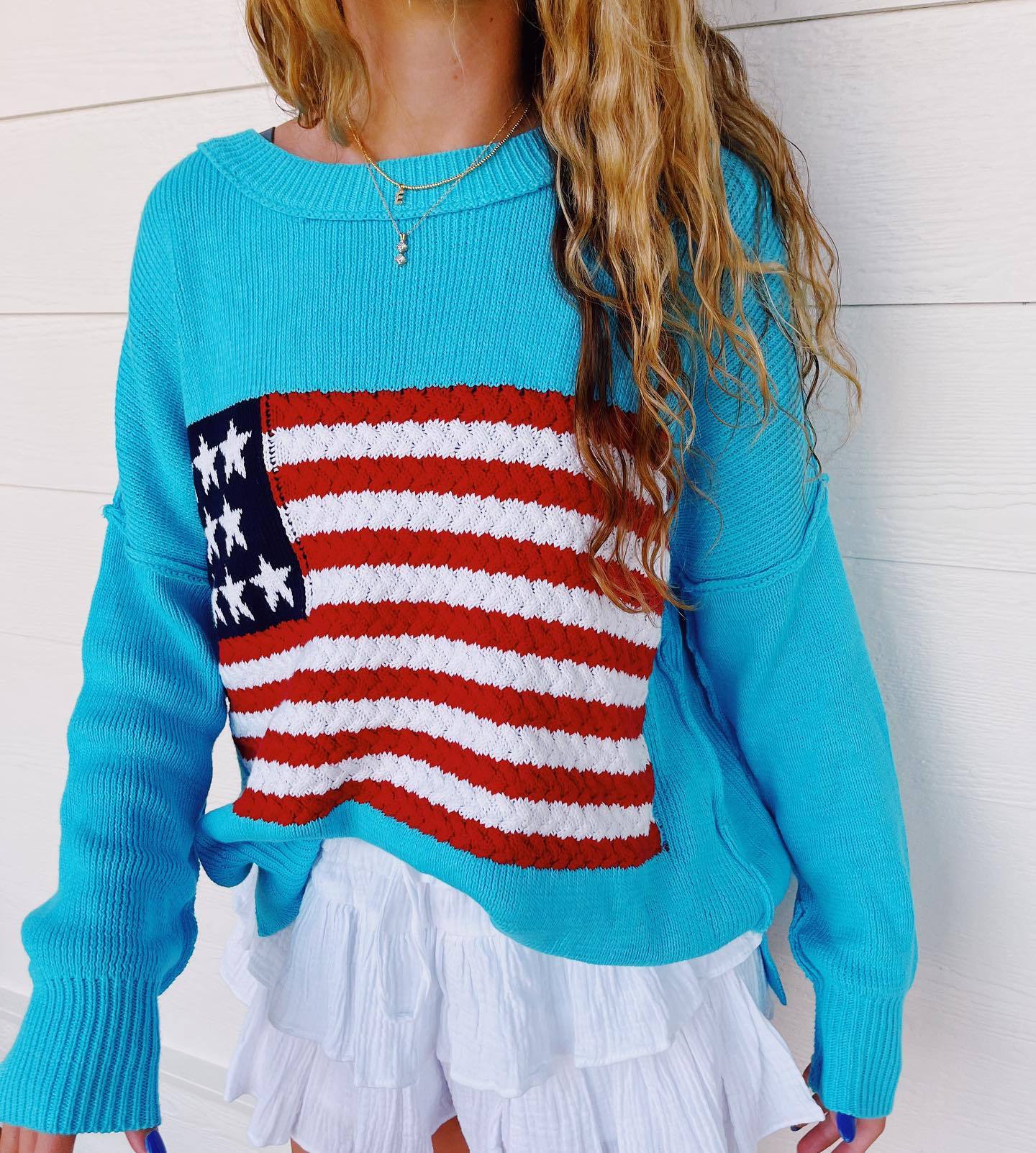 Damen Strickpullover mit auffälligem Flaggenmotiv und lässigem Schnitt Sovae