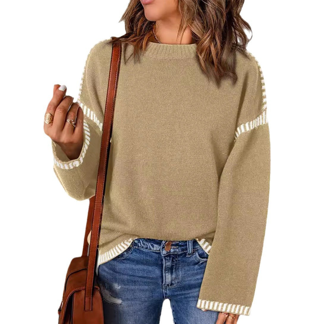 Damen lässiger Strickpullover mit kontrastierenden Bündchen und lässigem Schnitt Sovae