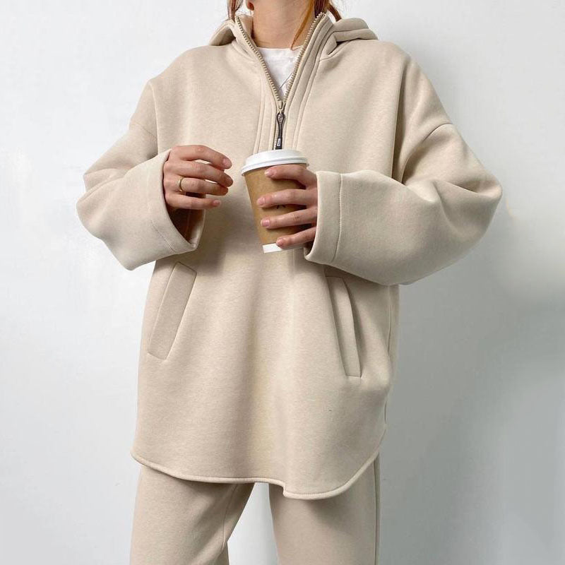 Damen Fleece-Kapuzenpullover mit Zip und Jogginghose Set Sovae