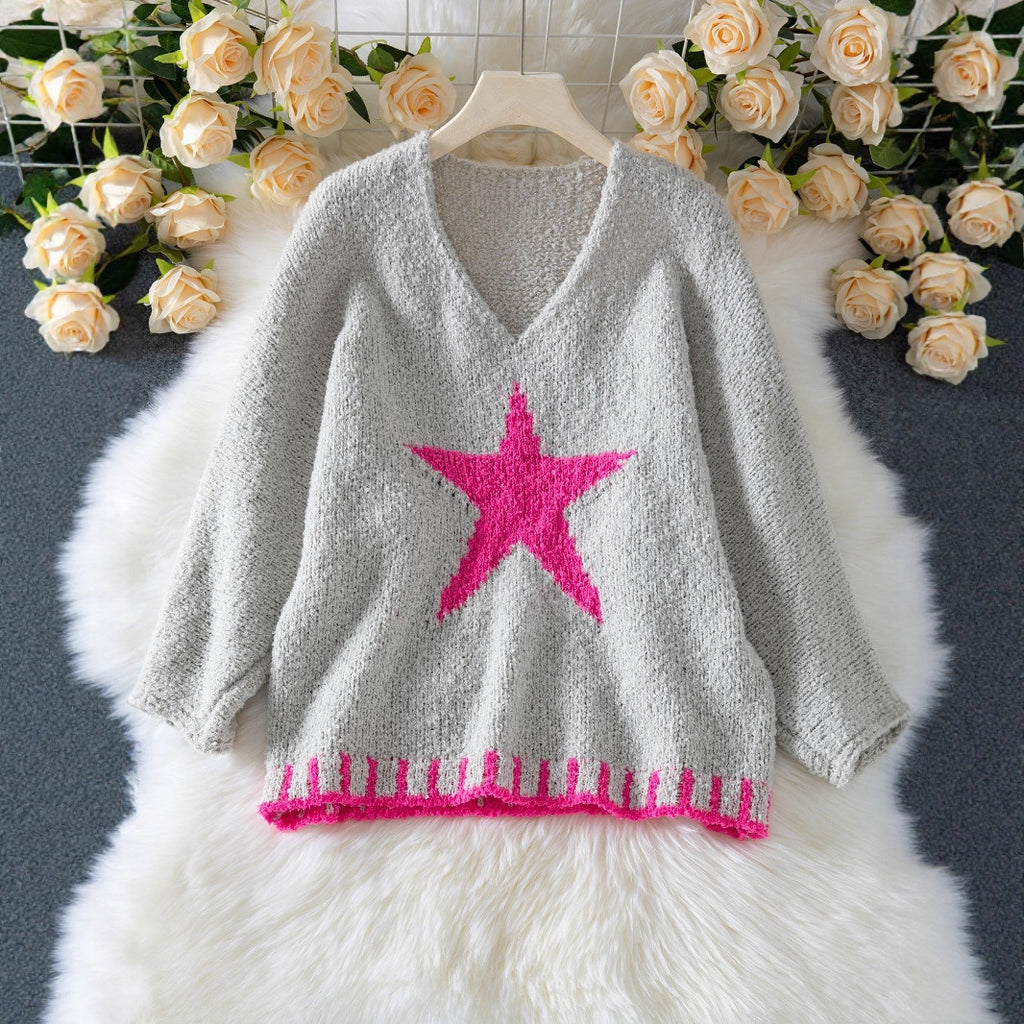 Damen Strickpullover mit V-Ausschnitt und auffälligem Sternenmuster Sovae