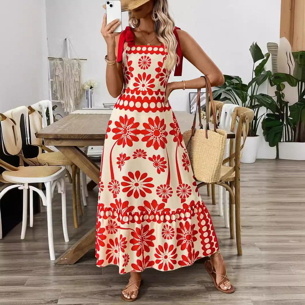 Damen Midikleid mit floralem Design und dekorativen Trägern Sovae