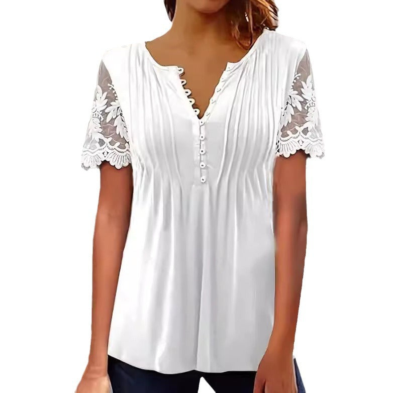 Damen Bluse mit Spitzendetails und Knopfleiste Sovae