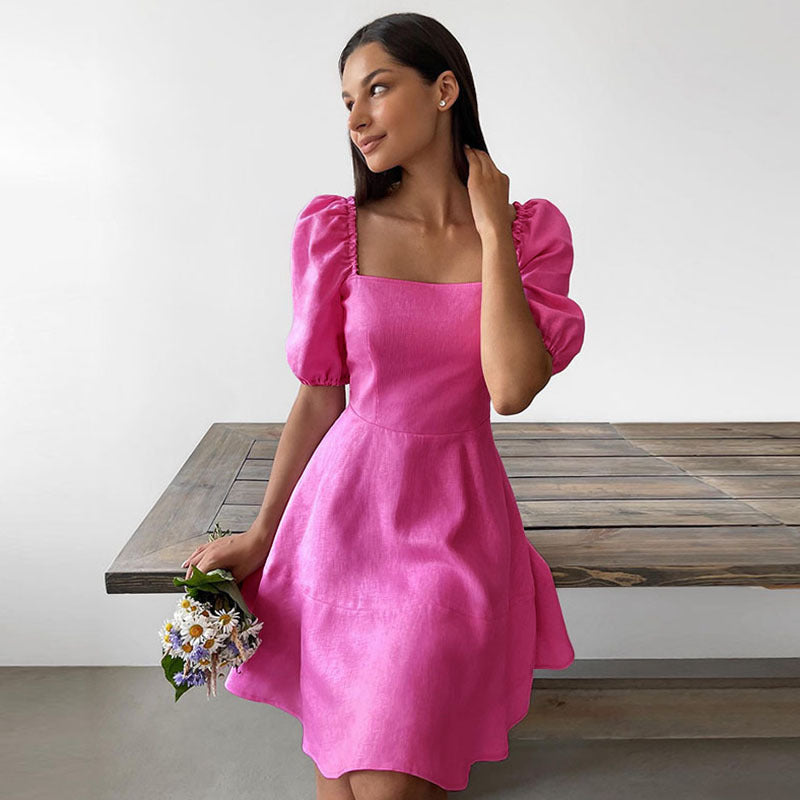 Damen Midikleid mit Puffärmeln und Quadrat-Ausschnitt Sovae