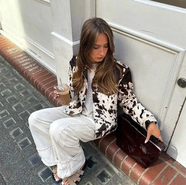 Damen oversized Denim-Jacke mit tierischem Muster Sovae